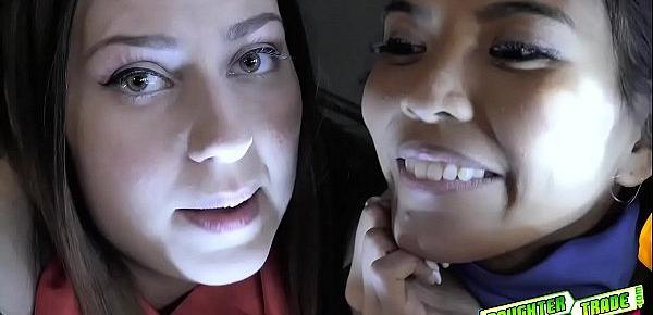  Sweet teens Jada Kai and Kamryn Jayde swap dads and go to work using their cock hungry mouths